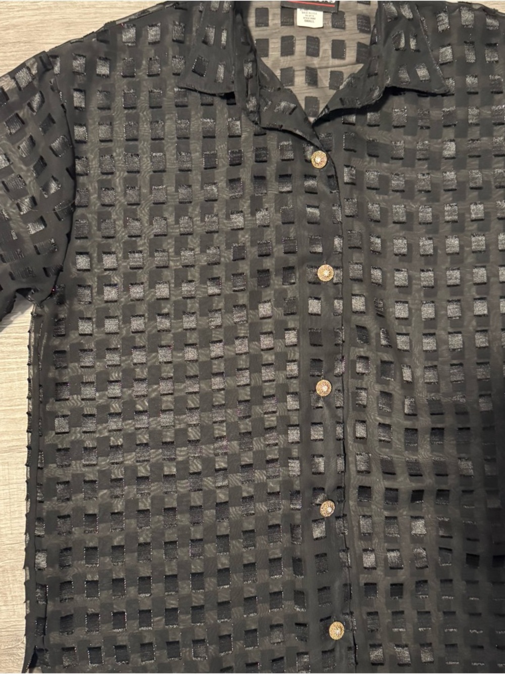 Notations Woman Black Sheer Button Front Blouse Sz S Square Grids Made In USA - Picture 2 of 12